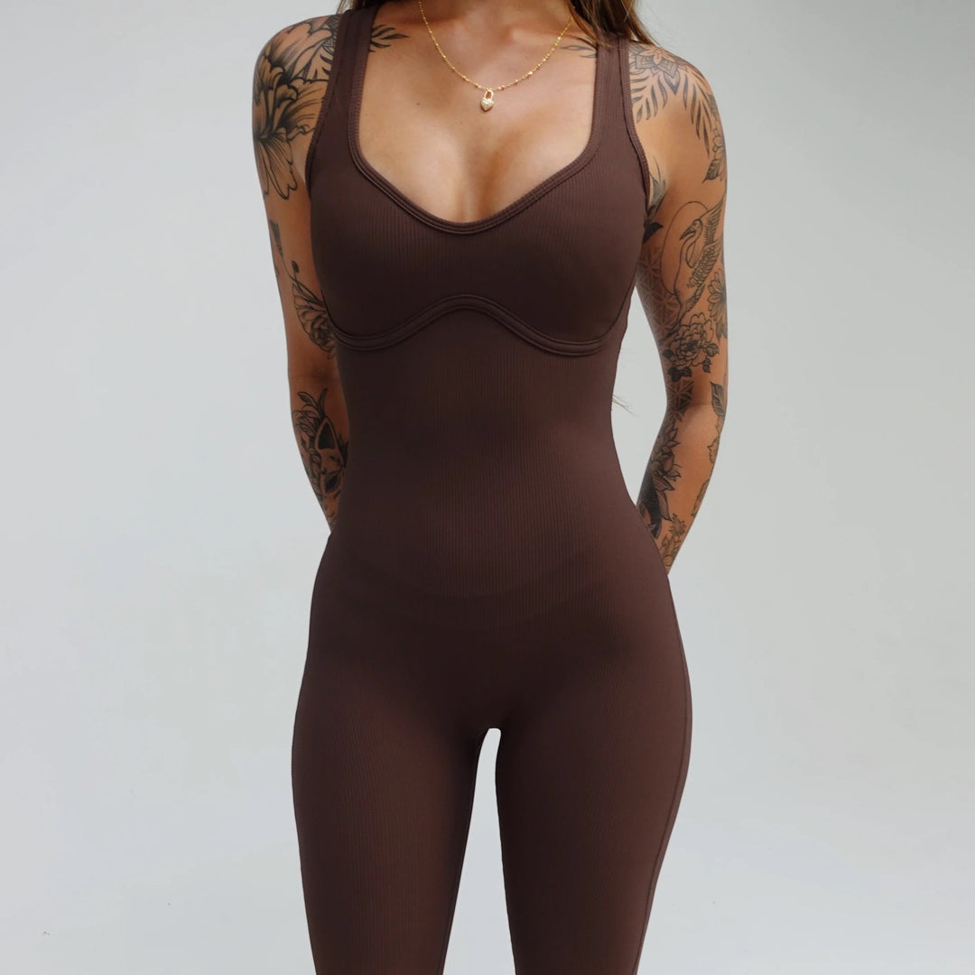 Ribbed Aura Flare Jumpsuit in Mocha - Active By Teal
