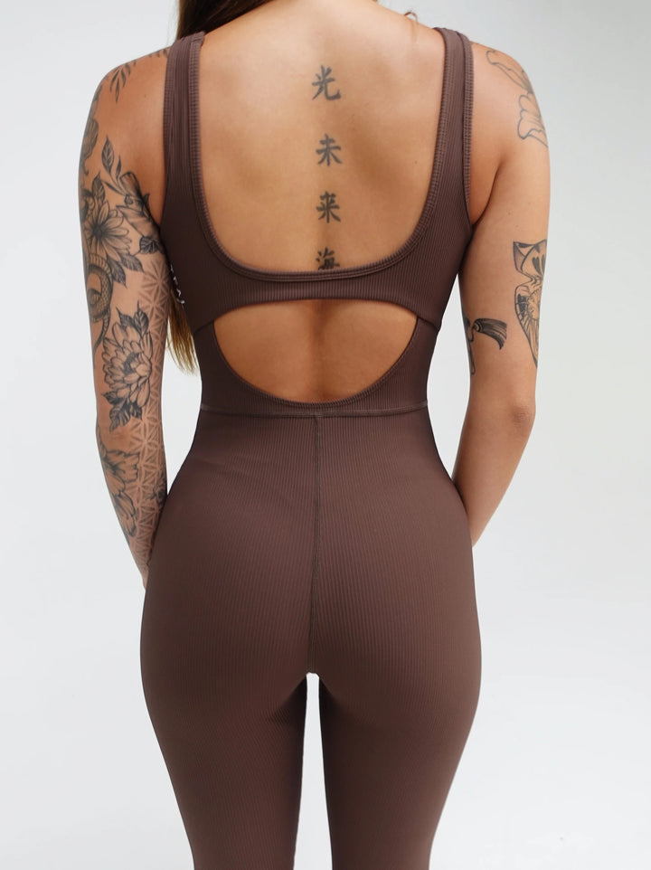 Ribbed Aura Flare Jumpsuit in Mocha - Active By Teal