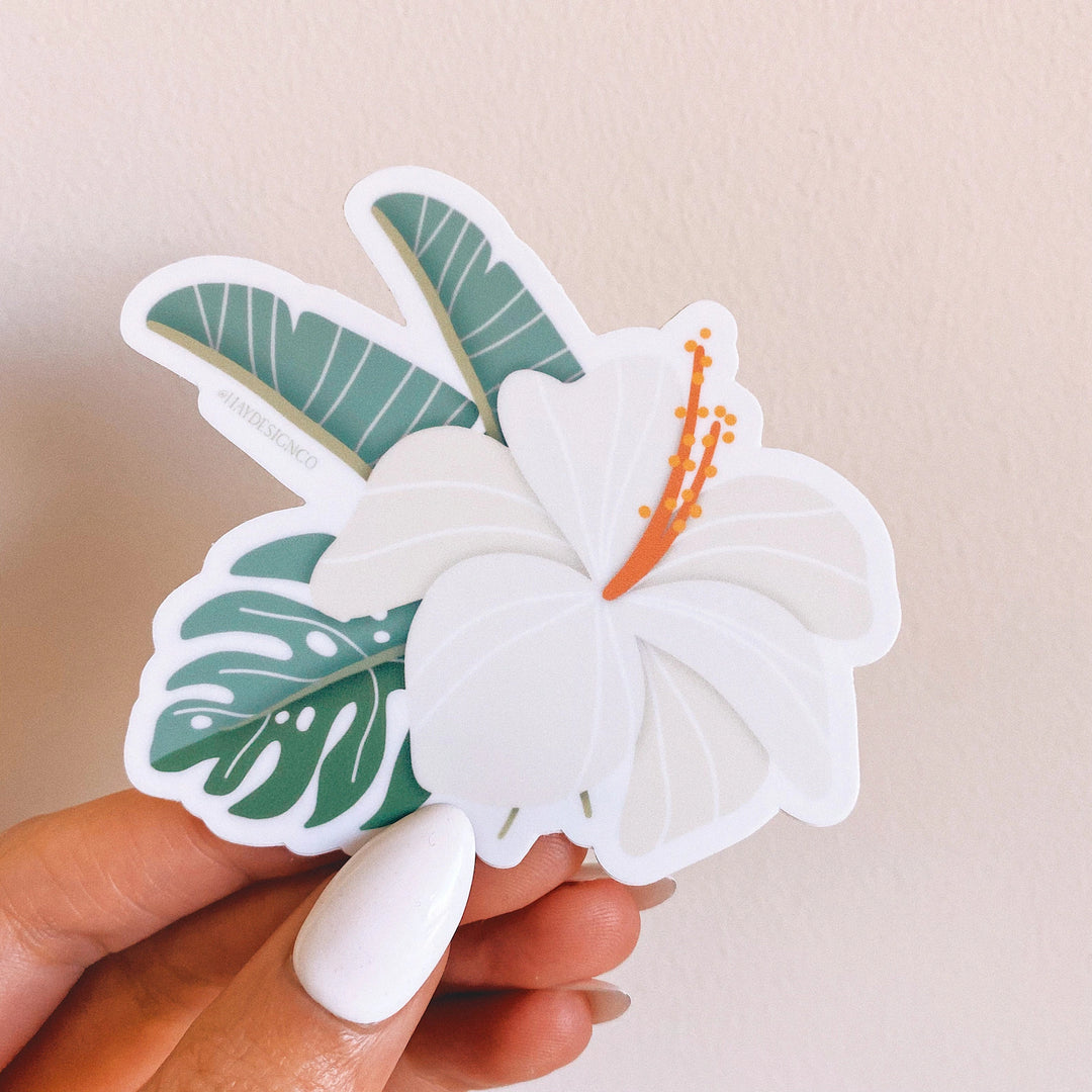 White Hibiscus and Tropical Leaves Sticker - Hay Design