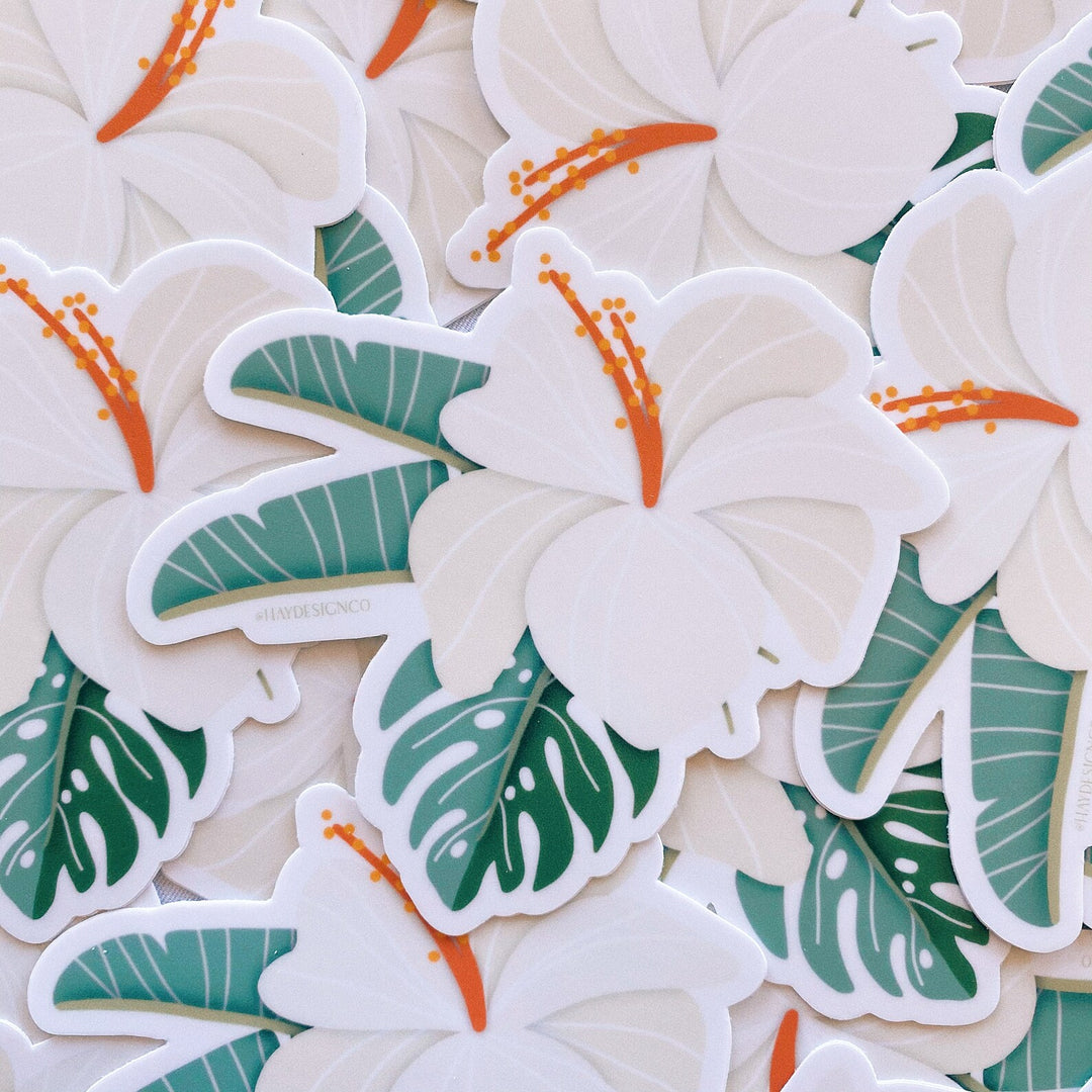 White Hibiscus and Tropical Leaves Sticker - Hay Design